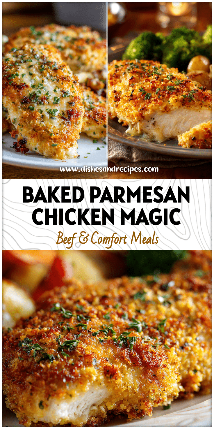 Crispy baked Parmesan Chicken breast plated with sides, perfect for Chicken Dinner and Bon Appétit moments.